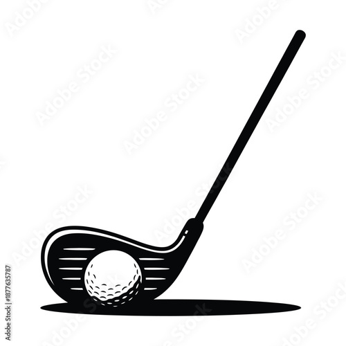 Black and white silhouette illustration of a golf club striking a golf ball, vector design for sports branding, golf training materials, athletic themes, minimal icons, and professional graphic 