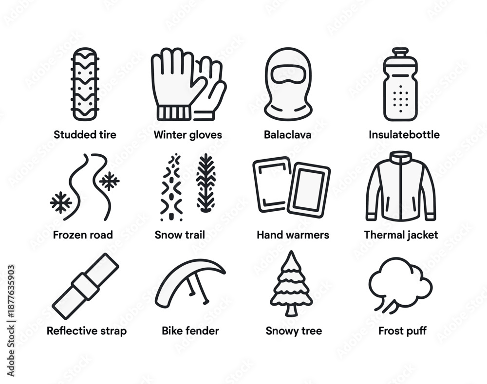 Fototapeta premium Winter Biking Icons. Winter biking. Line icon set of winter biking: studded tire, winter gloves, balaclava, insulated bottle, frozen road, snow trail, hand
