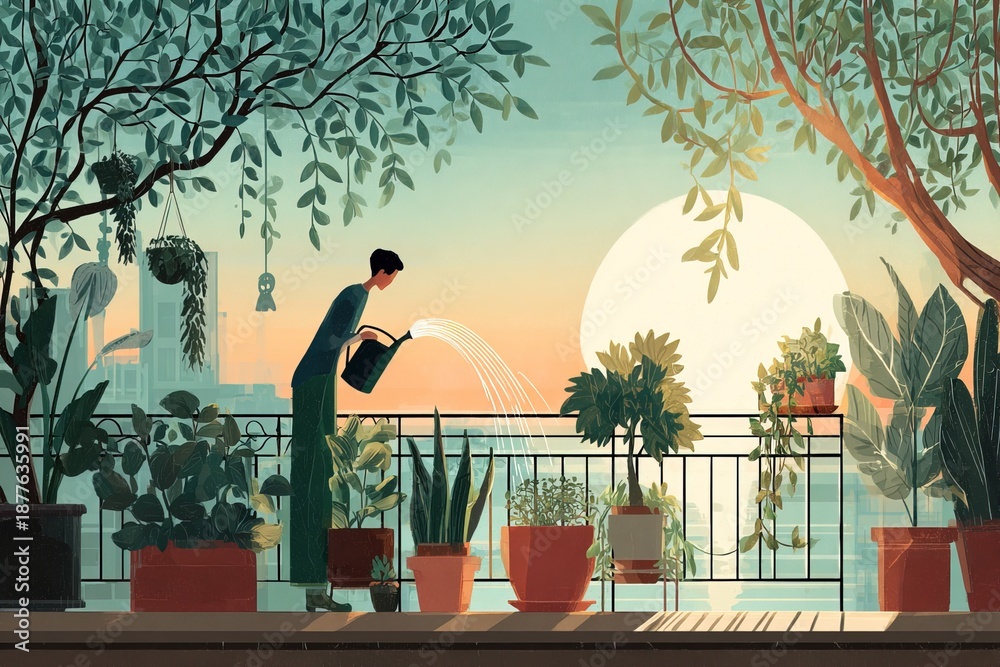 Naklejka premium flat illustration person stands on balcony watering various plants in pots. sun sets in background, casting light over greenery. city can be seen in distance