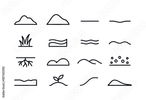 Ground Shape Icons. Nature ground shapes. Line icon set of Nature ground shapes: uneven mound, small hill, soil line, clump of grass, layered turf, cracked