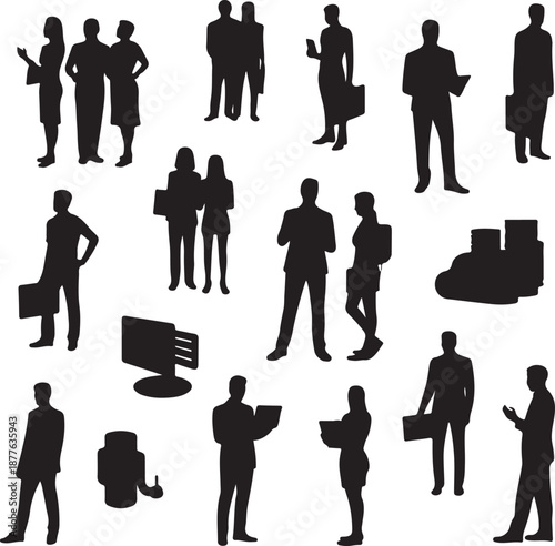 black silhouettes of business people standing and working on computer