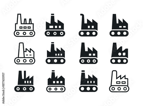 Factory Logo Variations. Factory. Icon set. Set Logo of factory: conveyor belt. harmonious logo variations of the same emblematic concept, each with different
