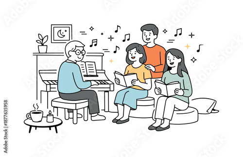 Cozy Piano Gathering. Singing around the piano home evening. People singing softly in a living room setting, cozy atmosphere and gentle musical flow.