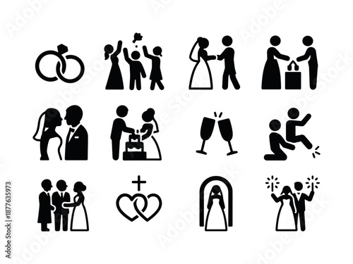 Wedding Icon Set. Wedding traditions. Solid icon set of wedding traditions: ring exchange, bouquet toss, first dance, unity ceremony, wedding kiss, cake