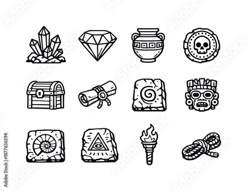 Cave Treasure Icons. Hidden cave treasures. Line icon set of hidden cave treasures: crystal cluster, gem, ancient pot, old coin, treasure chest, scroll, carved