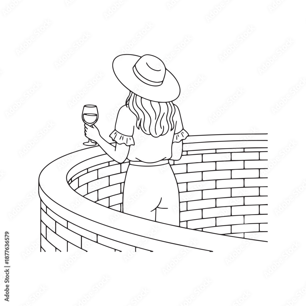 Naklejka premium Woman with big hat drinking wine on balcony, back view vector line art. Female character leaning on brick wall looking at copy space. Minimalist holiday sketch. 