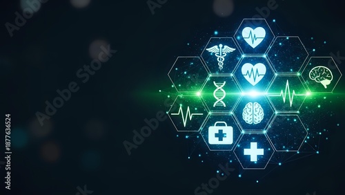 Wallpaper Mural Digital healthcare technology concept with glowing medical icons in hexagonal network pattern on dark background for telemedicine applications. Torontodigital.ca