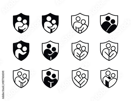 Elderly Care Icon Set. Elderly care and support. Icon set. Set Logo of elderly care and support: supportive shield. harmonious logo variations of the same