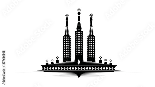 Stylized, symmetrical architectural illustration, three towering spires with detailed design