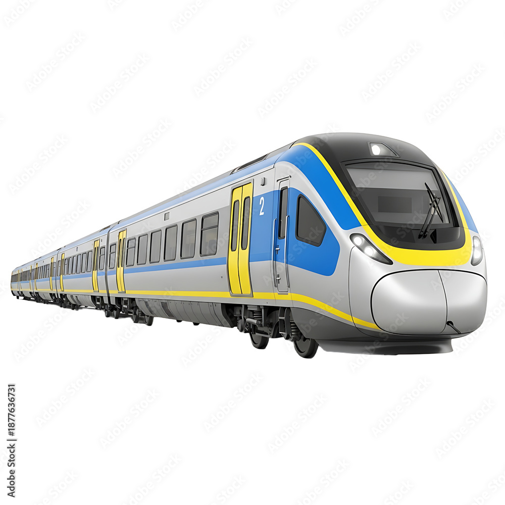 Naklejka premium A modern train with a blue and yellow design on a transparent background