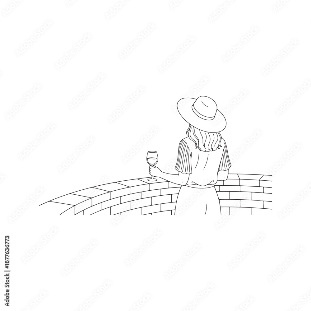 Obraz premium Woman with big hat drinking wine on balcony, back view vector line art. Female character leaning on brick wall looking at copy space. Minimalist holiday sketch. 