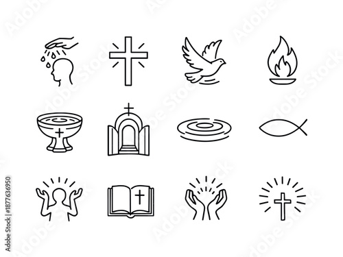 Christian Baptism Icons. Christian baptism. Line icon set of christian baptism: water blessing icon, holy cross beam, dove in flight, peaceful flame, baptism
