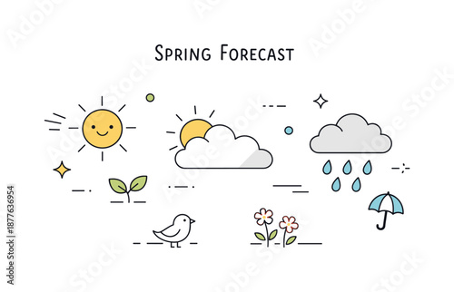 Minimalist Spring Icons. Spring forecast. Simple weather icons like sun, clouds, and rain arranged in a balanced flat composition. The scene feels informative,