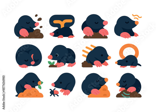 Mole Behavior Icons. Mole behavior. Colorful flat vector icons set of mole behavior: digging motion, tunneling pattern, soil pushing paws, sniffing nose,