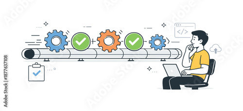 Seamless Automation Workflow. Automated testing and deployment. Gears and checkmarks moving smoothly along a pipeline while a developer observes. Visual