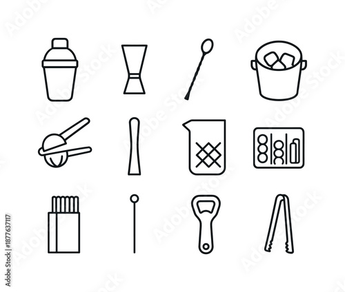 Bar Essentials Icons. Party drinks. Line icon set of bar essentials: cocktail shaker, jigger, bar spoon, ice bucket, citrus squeezer, muddler, mixing glass,