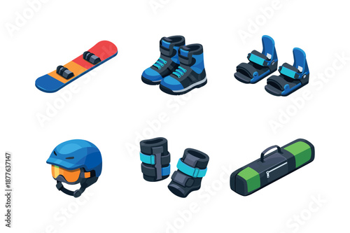 Snowboard Gear Icons. Snowboard Gear. Isometric flat vector icons set of snowboard gear: snowboard, snowboard boots, binding set, snowboard helmet, wrist