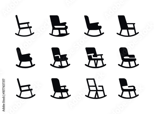 Rocking Chair Icons. A comfortable rocking chair in a nursery or reading room. Icon set. Set Logo of a comfortable rocking chair in a nursery or reading room: