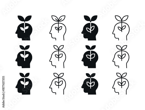 Positive Mindset Icons. Positive thinking and mindset shifts. Icon set. Set Logo of Positive thinking and mindset shifts: Growth plant in mind: