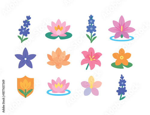 July Floral Icons. July birth flowers. Colorful flat vector icons set of July birth flowers: larkspur spike, water lily bloom, tall floral stalk, floating lily
