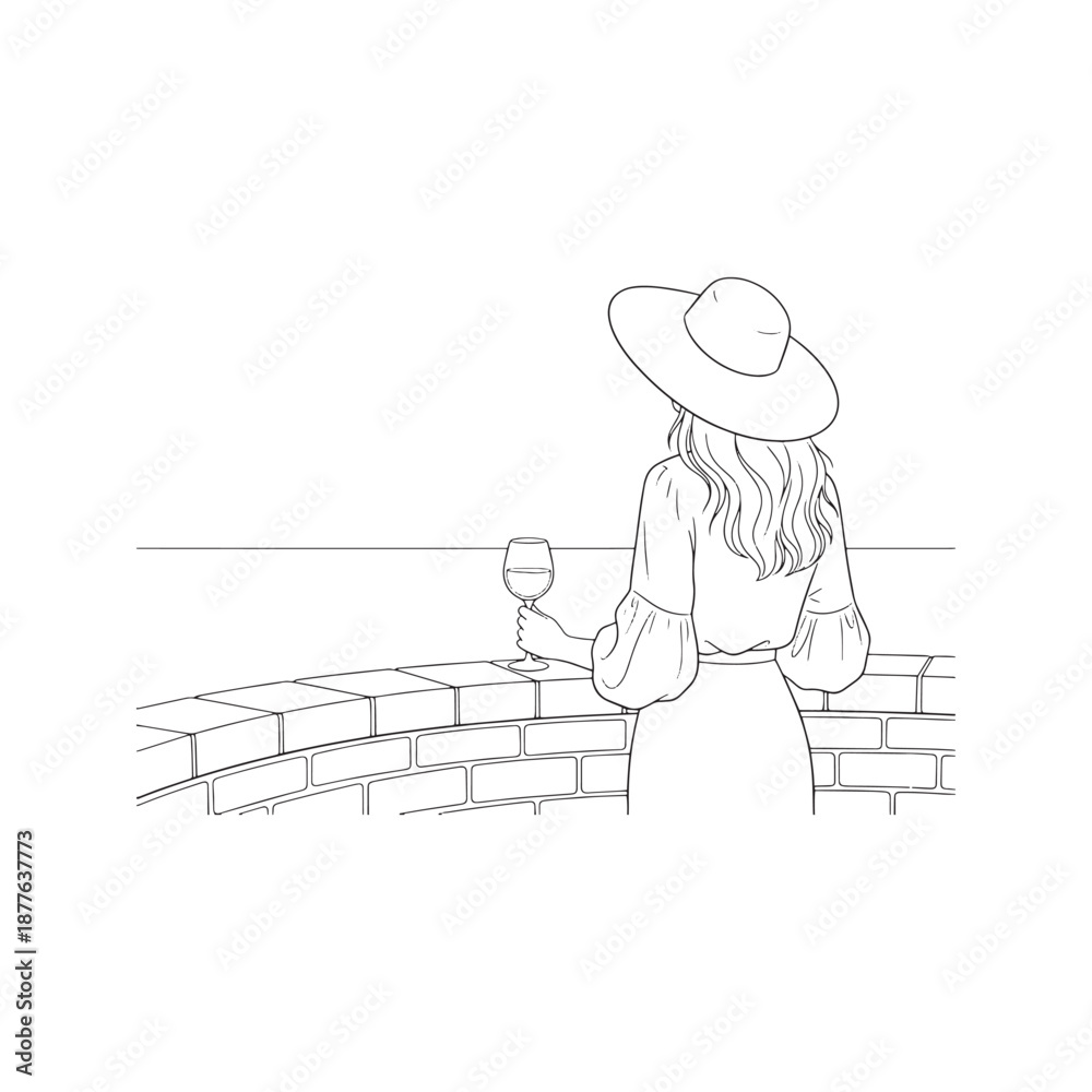 Obraz premium Woman with big hat drinking wine on balcony, back view vector line art. Female character leaning on brick wall looking at copy space. Minimalist holiday sketch. 