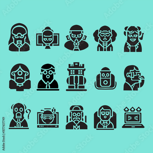 Modern Abstract Glyph Icons Set - Avatars, Technology, Communication, and Emotions