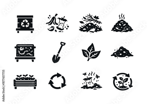 Composting Icon Set. Composting lifestyle. Solid icon set of Composting lifestyle: compost bin, food scraps icon, yard waste, compost pile, worm compost icon,