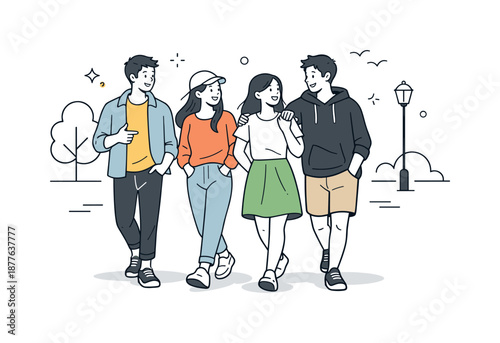Urban Friends Stroll. Friends hanging out outdoors. Friends walking together in a park or street, relaxed gestures and light movement. Casual time together and
