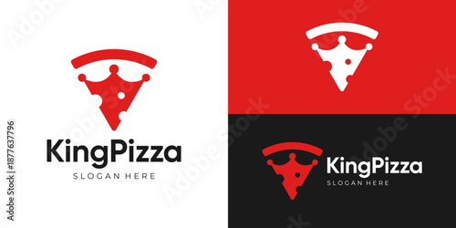 Creative simple king pizza logo template. Slice pizza with abstract crown logo design vector illustration.