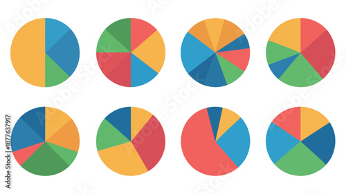 Pie Chart Infographic collection featuring statistical graphs with various percentage shares for finance