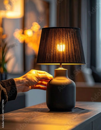 Hand Reaching To Turn On A Black Fabric Lampshade Table Lamp With Warm Light In A Cozy Room At Dusk