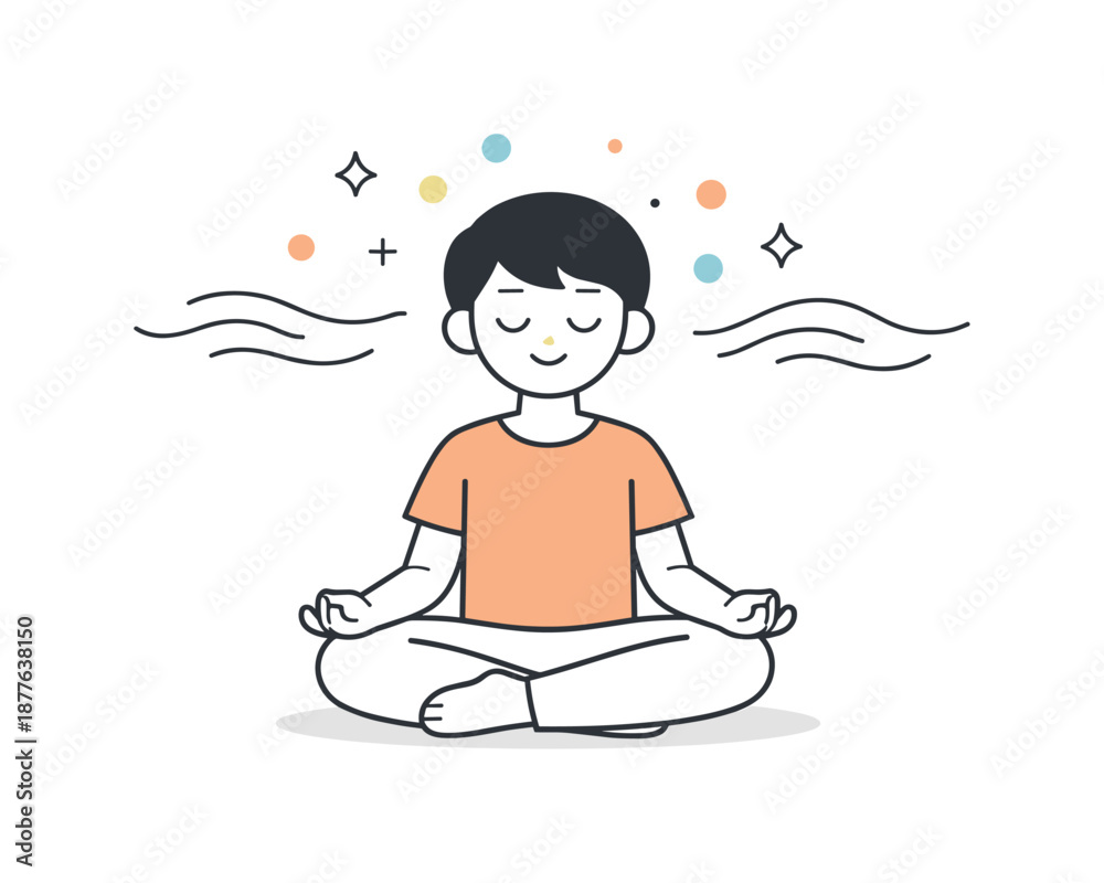Obraz premium Calm Mindfulness Illustration. Mindfulness Practice. A calm character sitting cross-legged with closed eyes, gentle line waves and abstract dots floating