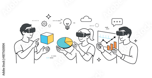 Virtual Team Collaboration. Virtual reality team collaboration. People manipulating virtual objects together with hand gestures. Shared problem solving and