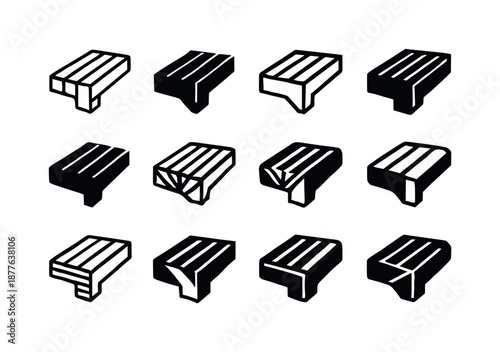 Wooden Deck Logos. A wooden deck. Icon set. Set Logo of a wooden deck: deck step edge. harmonious logo variations of the same emblematic concept, each with