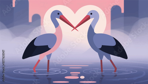 Illustration Of A Pair Of Storks Standing In Shallow Water, With A Heart Symbol, Against A Backdrop Of Soft Morning Mist Vector Design Template