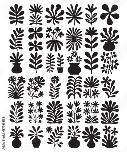 Abstract Botanical Silhouette Set Black Floral Leaves and Plants Collection on White Background Vector Illustration