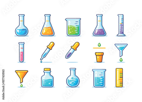 Colorful Lab Glassware Icons. Lab Glassware. Colorful flat vector icons set of Lab Glassware: volumetric flask, Erlenmeyer flask, beaker, graduated cylinder,