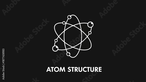 Minimalist Atom Structure Icon White Line Art on Black for Science.eps