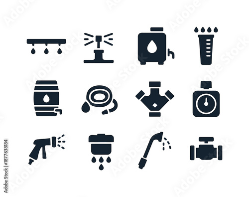 Sustainable Watering Icons. Sustainable watering systems. Solid icon set of sustainable watering systems: drip line, sprinkler head, reclaimed water tank, rain