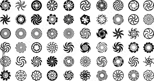 Geometric black and white spiral and radial abstract vector symbols set.eps