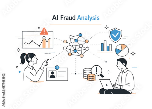 AI Fraud Detection Visualization. AI-based fraud analysis. A system visualizing patterns and anomalies in data streams. Intelligent detection and accuracy,