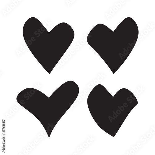 Set of Hand-drawn Doodle Heart Icons in Black Silhouette for Valentine's Day Romance and Creative Wedding Designs