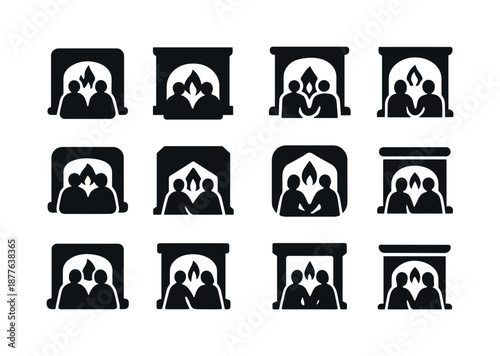 Fireside Icon Set. People enjoying a warm fire in the fireplace. Icon set. Set Logo of people enjoying a warm fire in the fireplace: intimate fireside moment.