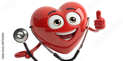 Happy heart with stethoscope isolated on transparent background