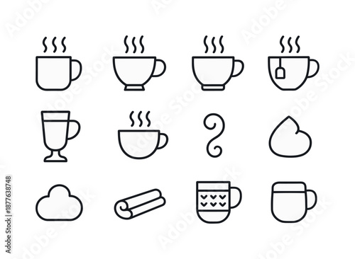 Warm Beverage Icons. Warm beverage icons. Line icon set of Warm beverage icons: coffee mug, tea cup, hot chocolate cup, herbal tea mug, latte glass, cappuccino