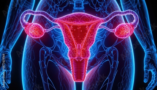 Detailed human female reproductive system with glowing pink uterus and ovaries