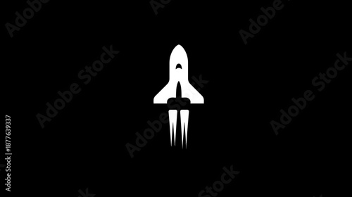 A simple illustration of a white rocket, stylized, taking off against a stark, black background