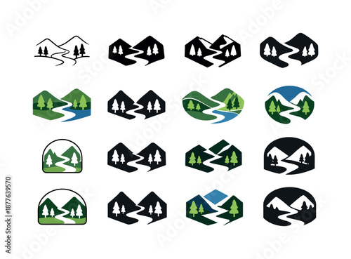 Lush Valley Icons. Lush Valley. Icon set. Set Logo of Lush Valley: valley with trees. harmonious logo variations of the same emblematic concept, each with