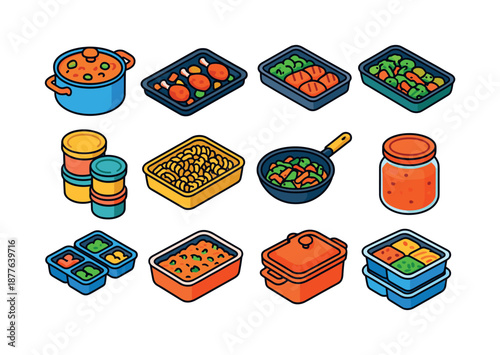 Batch Cooking Icons. Batch cooking. Colorful isometric vector icons set of batch cooking: large pot stew, sheet pan roast, big rice batch, grilled protein
