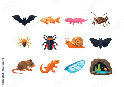 Colorful Cave Creatures. Cave creatures. Colorful flat vector icons set of cave creatures: bat silhouette, cave fish, blind salamander, cave cricket, tiny